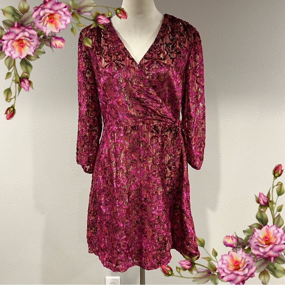 Loft burned velvet fake wrap long sleeve mini dress size 4‎